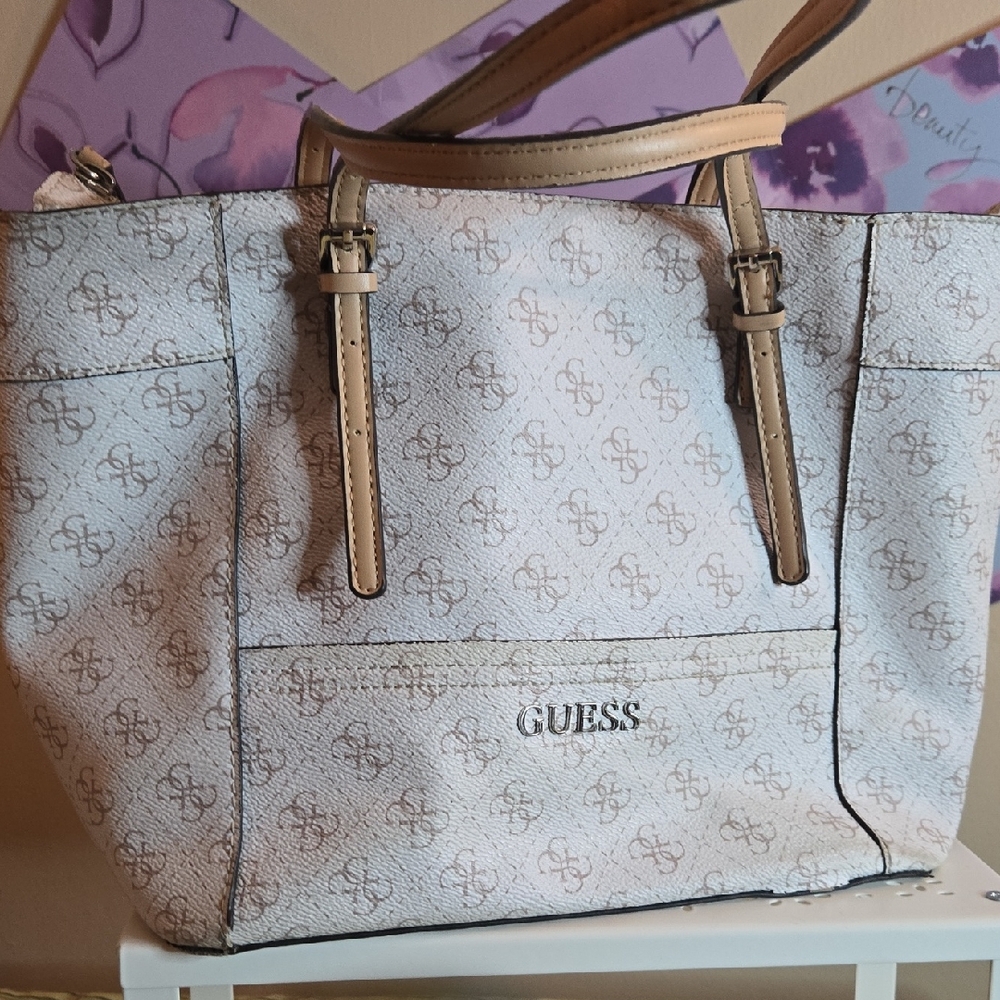 GUESS Beige Monogram Tote with Front Pocket